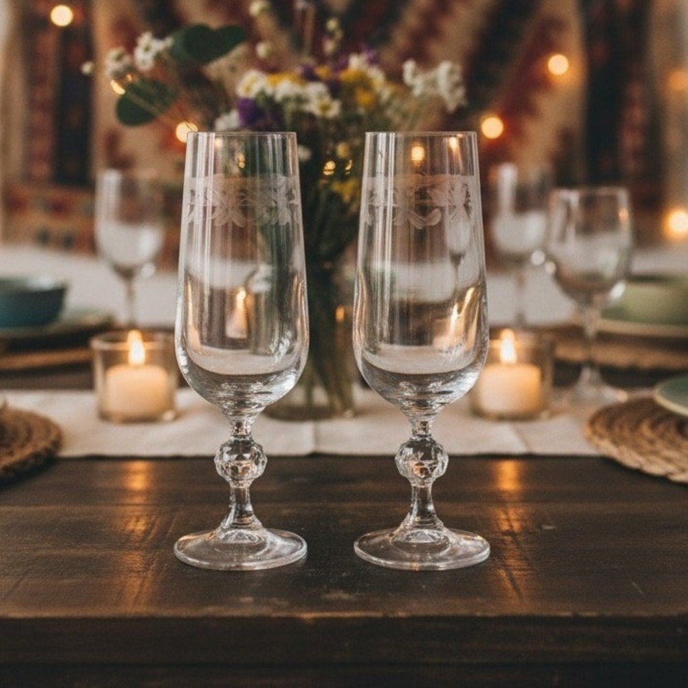 Bohemia Crystal Cascade Champagne Flutes, Set of 2, Vintage Etched Stemware